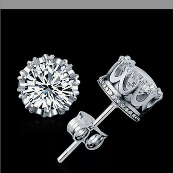 Crown Stud Earrings Sterling Silver and CZ - Picture 1 of 6